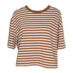 ♻EVERLANE Burnt Orange White Striped Cropped Boxy Crew Neck T Shirt